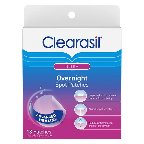 Clearasil Overnight Spot Patches, Advanced HYZ01 Healing Hydrocolloid Acne Pimple Treatment, Blemish Spot Stickers for Face, 18 count