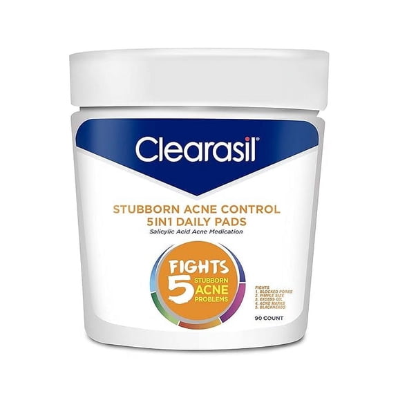 Clearasil Stubborn Acne Control 5in1 Daily Facial Cleansing Pads, with Salicylic Acid Acne Treatment Medicine, 90 Count