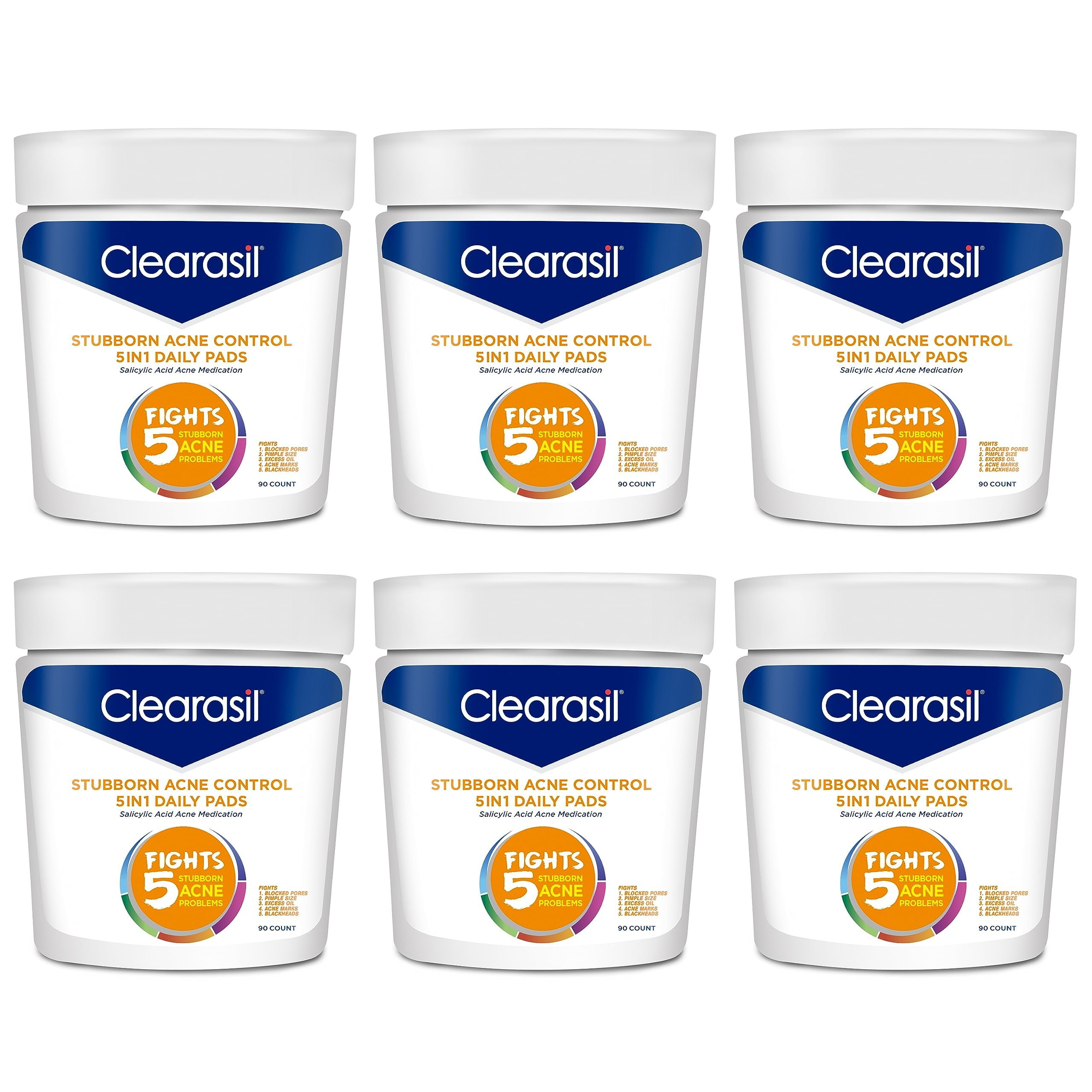 Clearasil Stubborn Acne Control 5in1 Daily Facial Cleansing Pads, with Salicylic Acid Acne Treatment Medicine, 90 Count Pack of 6