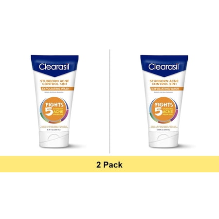 Clearasil Stubborn Acne Exfoliating Face Wash for Normal to Oily Skin, 6.78 fl oz - 2 Pack