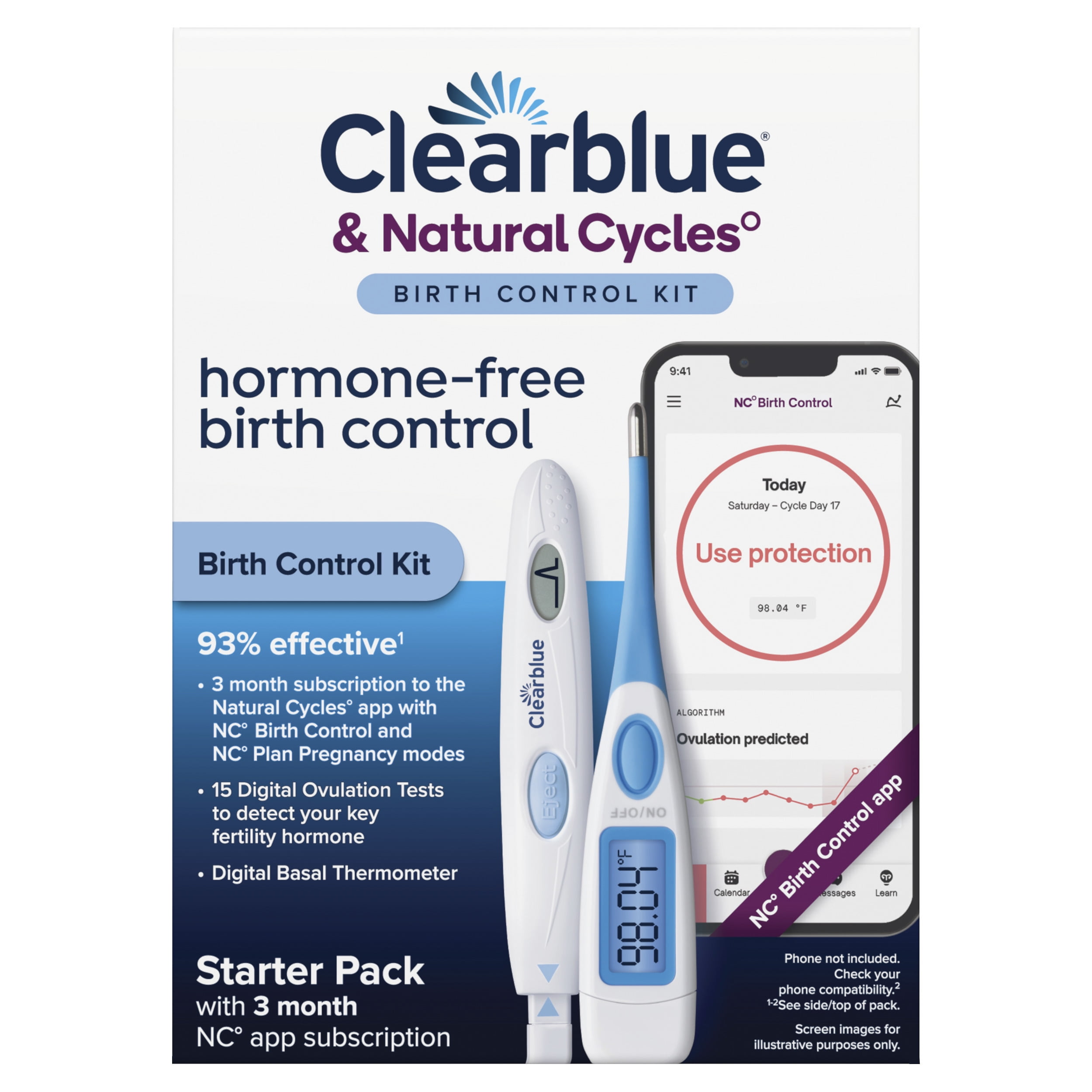 Clearblue & Natural Cycles Hormone-Free Birth Control Kit Starter Pack, 3 Month Subscription to The Natural Cycles App, 16 ct -15 Digital Ovulation Tests, 1 Digital Basal Thermometer