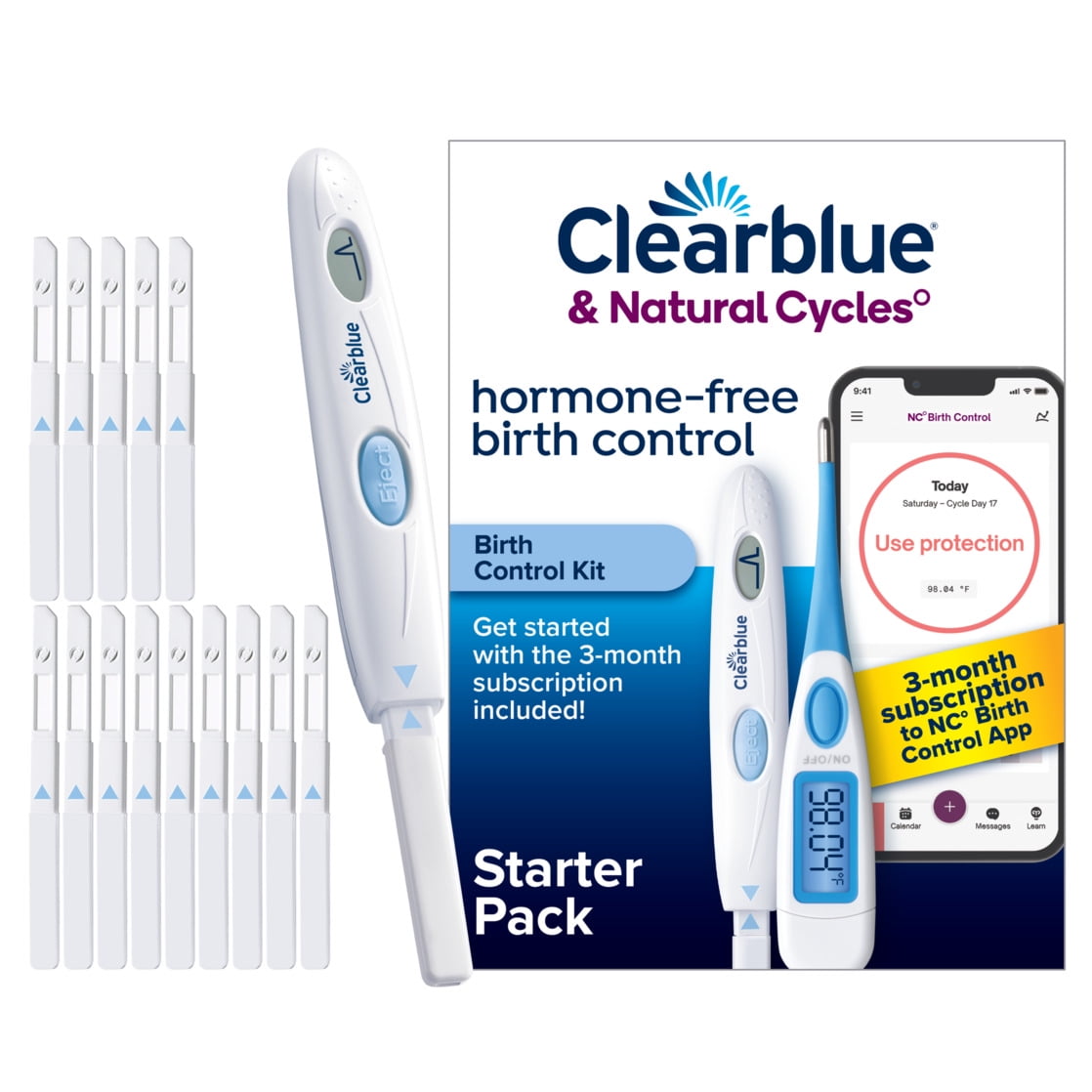 Clearblue & Natural Cycles Hormone-free Birth Control Kit Starter Pack, 3 month subscription to the Natural Cycles app, 15 Digital Ovulation Tests, 1 Digital Basal Thermometer