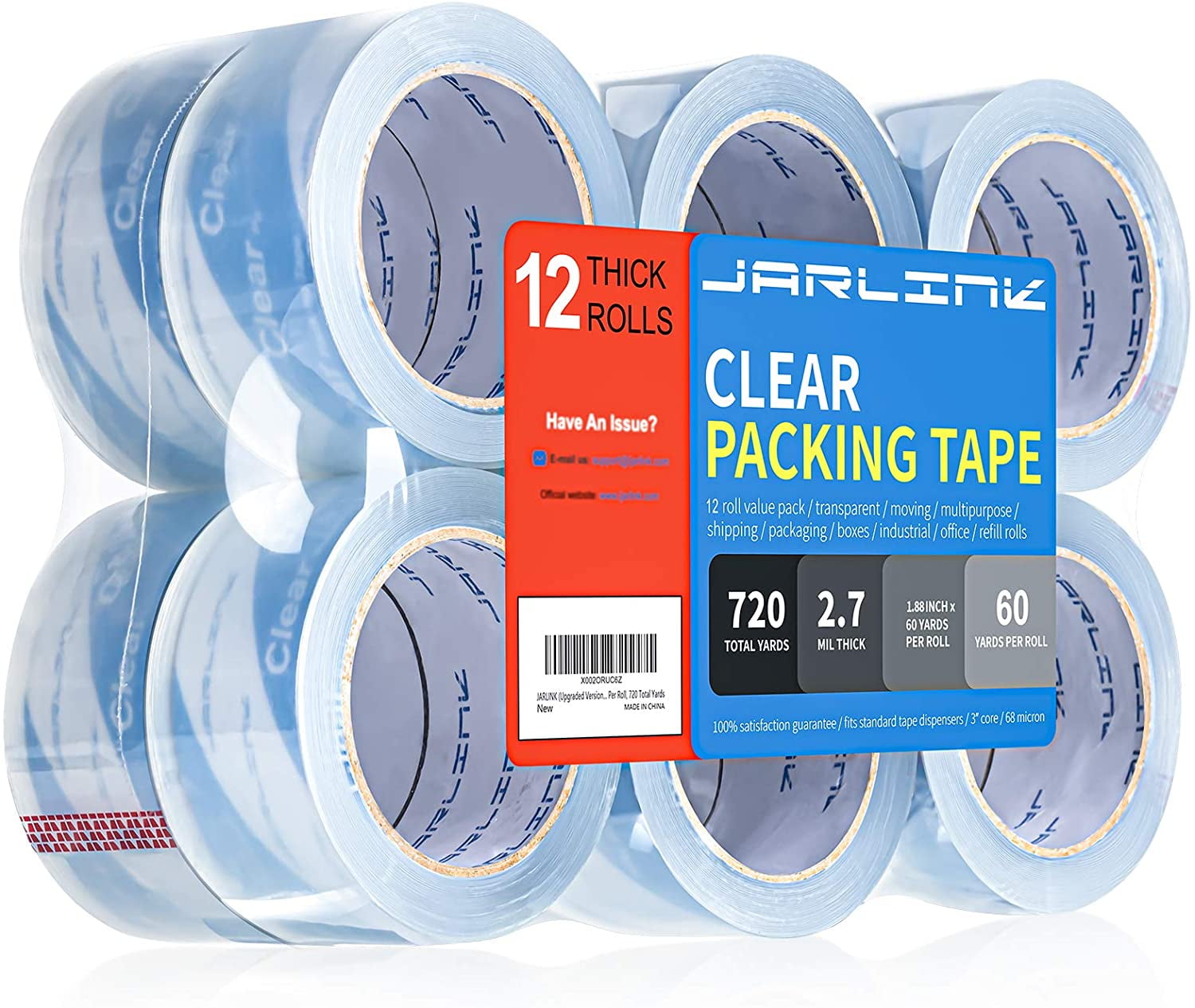 Clearer Packing Tape 12 Rolls, Heavy Duty Packaging Tape for Shipping Packaging Moving Sealing, 2.7mil Thick, 1.88 inches Wide, 60 Yards Per Roll, 720 Total Yards