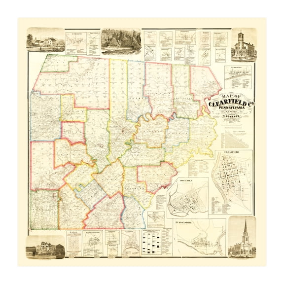 Clearfield County Pennsylvania Art, 1866 Vintage Map of Clearfield County PA History Wall Decor Gift, Old Clearfield County PA Map - 30" x 30" Unframed Print