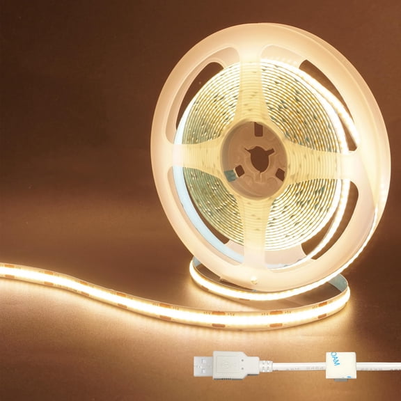 Clearhill 5V USB COB LED Strip Lights 2Pcs,16.4FT/5M,Warm White 3000K,320LEDs/M,8mm Width,Not Waterproof IP20,1M USB Cable,Flexible LED Tape Light for DIY Home Indoor Decoration