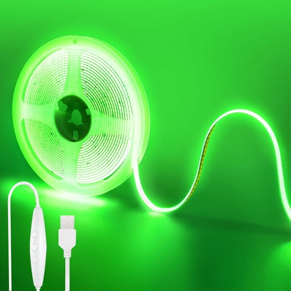 Clearhill 5V USB COB LED Strip Lights with Dimmable Switch,16.4FT/5M,Green,320LEDs/M,8mm Width,Not Waterproof IP20,1.5M USB Switch Cable,for DIY Home Indoor Decoration