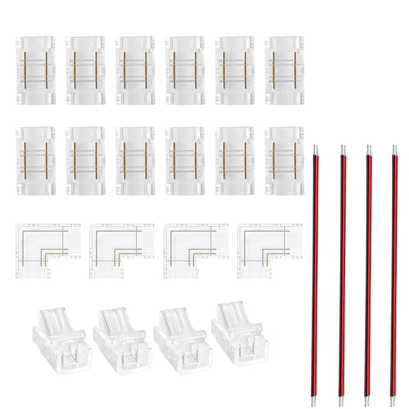 Clearhill 8mm 2Pin 24Pcs Transparent Solderless COB LED Strip Connector Corner Kit,Strip to Wire 4PCS,Strip to strip 12PCS,L-Shape 4PCS,Red and black wire 4PCS,for 5V 12V 24V LED Strips