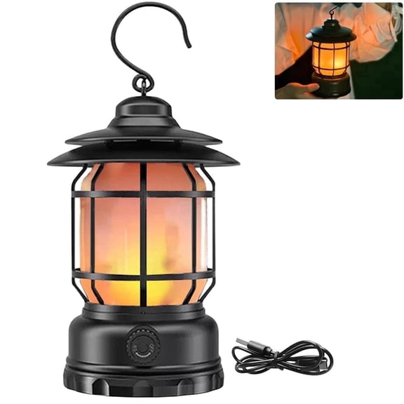 Clearhill Rechargeable Camping Lantern, Flame Decorative Table Lamp, 2 Modes LED Light with Hook,Dimmable vintage style,Portable Waterproof Camping Light for Indoor/Outdoor Use (Black)