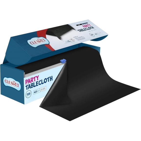 Clearly Elegant Black Disposable Plastic Table Cover with Self-Cutter, 52” X 100 Ft