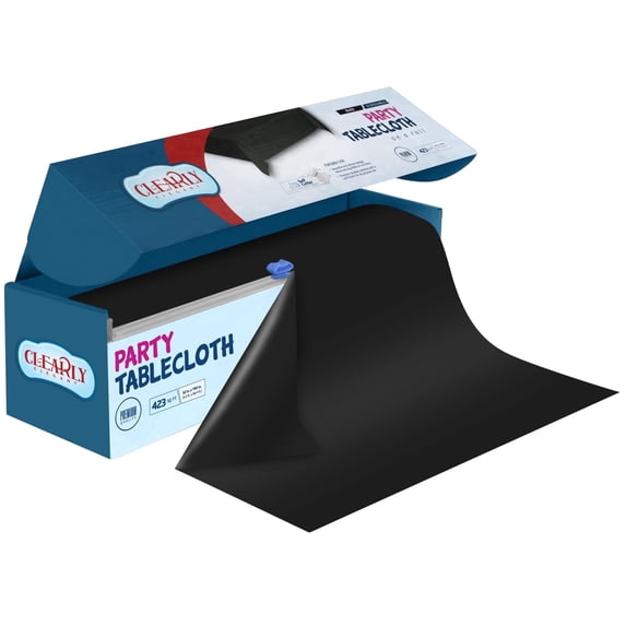 Clearly Elegant Black Plastic Tablecloth Roll with Cutter, 423 Sq.Ft (52"x1181") Extra Large Disposable Picnic Table Cover, Plastic Table Cloth Disposable for Parties, Events and Outdoor Gatherings