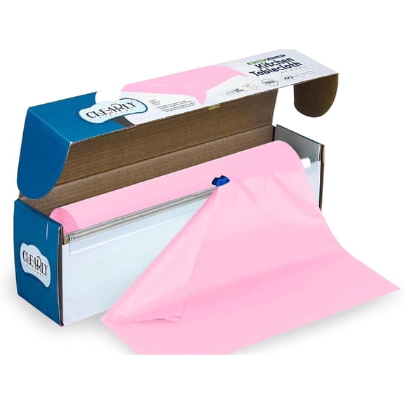Clearly Elegant Pink Disposable Plastic Tablecloth Roll with Self-Cutter, 52” X 100 Ft