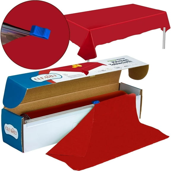 Clearly Elegant Red Disposable Plastic Tablecloth Roll with Self-Cutter, 52” X 100 Ft