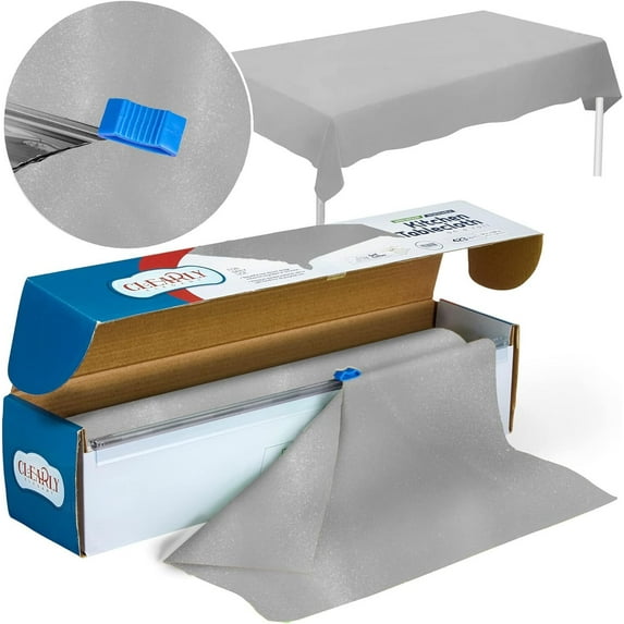 Clearly Elegant Silver Disposable Plastic Table Cover with Self-Cutter, 52” X 100 Ft