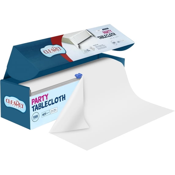 Clearly Elegant White Disposable Plastic Table Cover with Self-Cutter, 52” X 100 Ft