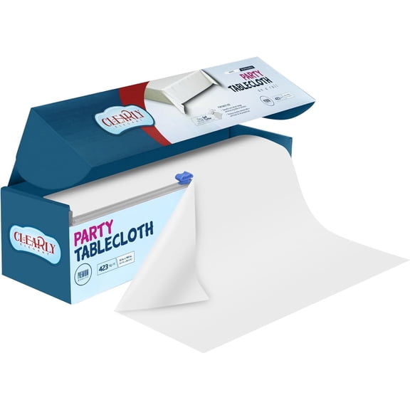 Clearly Elegant White Disposable Plastic Table Cover with Self-Cutter, 52” X 100 Ft