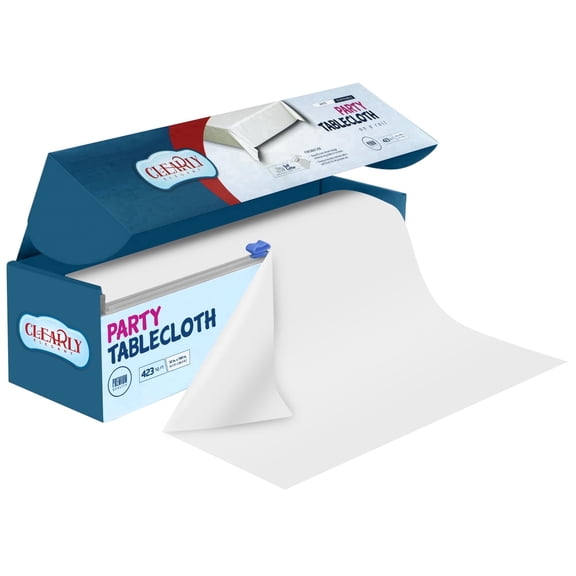 Clearly Elegant White Plastic Tablecloth Roll with Cutter, 423 Sq.Ft (52"x1181") Extra Large Disposable Picnic Table Cover, Plastic Table Cloth Disposable for Parties, Events and Outdoor Gatherings