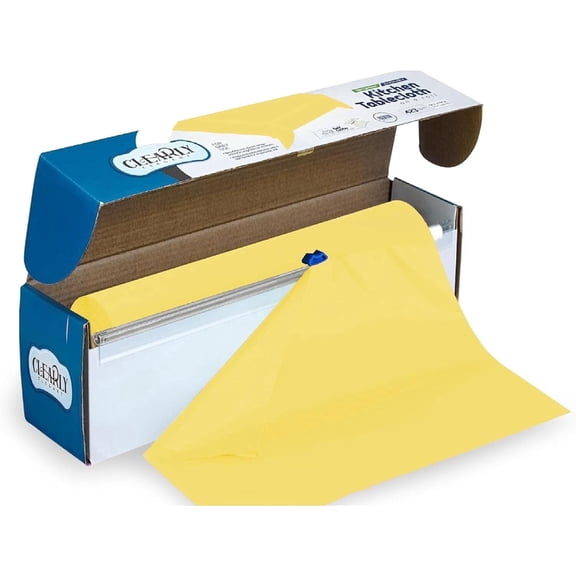 Clearly Elegant Yellow Disposable Plastic Tablecloth Roll with Self-Cutter, 52” X 100 Ft