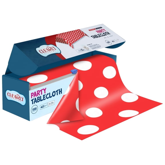 Clearly Polka Dot Red Plastic Tablecloth Roll with Cutter, 423 Sq.Ft (52"x1181") Extra Large Disposable Picnic Table Cover, Plastic Table Cloth Disposable for Parties, Events and Outdoor Gatherings