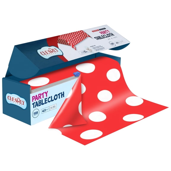 Clearly Polka Dot Red Plastic Tablecloth Roll with Cutter, 423 Sq.Ft (52"x1181") Extra Large Disposable Picnic Table Cover, Plastic Table Cloth Disposable for Parties, Events and Outdoor Gatherings