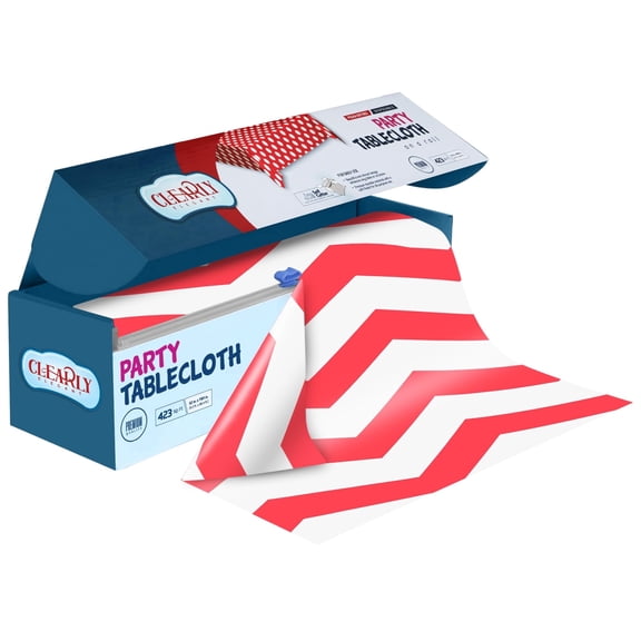 Clearly Red Chevron Plastic Tablecloth Roll with Cutter, 423 Sq.Ft (52"x1181") Extra Large Disposable Picnic Table Cover, Plastic Table Cloth Disposable for Parties, Events and Outdoor Gatherings