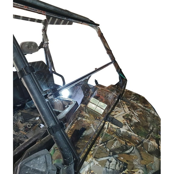 Clearly Tough Polaris Full-Size Ranger 570  Full Folding Windshield - Rounded Tube Cage - SCRATCH RESISTANT- Windshield. On or off in seconds. Premium polycarbonate w/Hard Coat. Made in America!