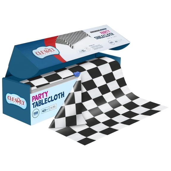 Clearly White and Black Checkered Plastic Tablecloth Roll with Cutter, 423 Sq.Ft (52"x1181") Extra Large Disposable Plastic Table Cloth for Parties, Events and Outdoor Gatherings