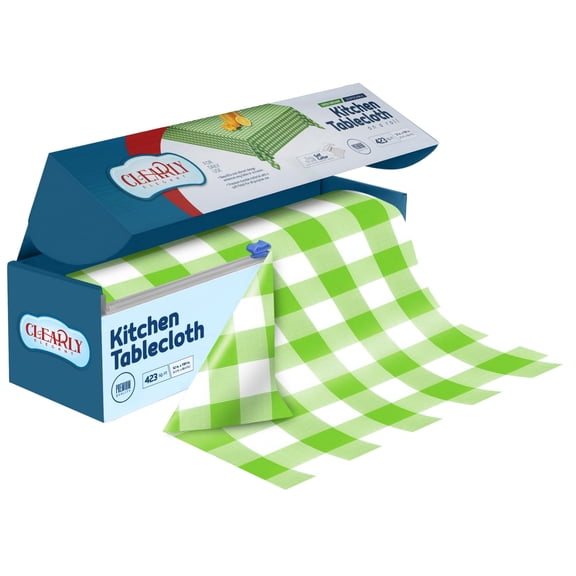 Clearly White and Green Plastic Tablecloth Roll with Cutter, 423 Sq.Ft (52"x1181") Extra Large Disposable Picnic Table Cover, Plastic Table Cloth Disposable for Parties, Events and Outdoor Gatherings