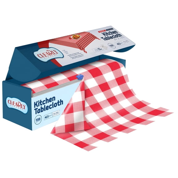 Clearly White and Red Plastic Tablecloth Roll with Cutter, 423 Sq.Ft (52"x1181") Extra Large Disposable Picnic Table Cover, Plastic Table Cloth Disposable for Parties, Events and Outdoor Gatherings