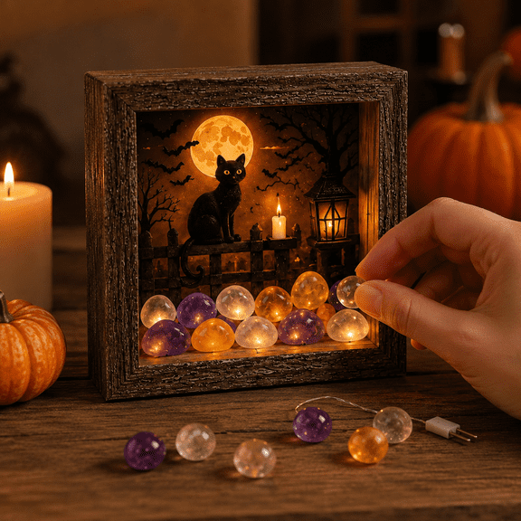 Clearnace Halloween Shadow Box Frame DIY Light Kit, Plastic Wood Spooky Craft Display with Lighting Effect, Manual Set for Home Party Tabletop Decor Gift