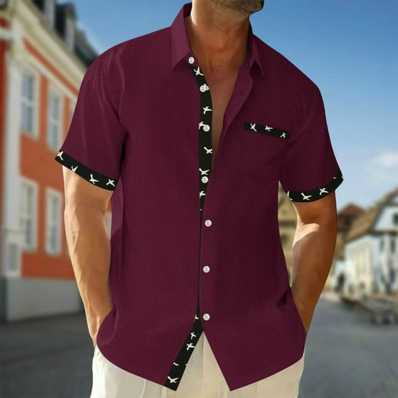 Clearnce Under $10 Mens shirts, Men Casual Color Blocked Turndown Collar Button Short Sleeved Shirt