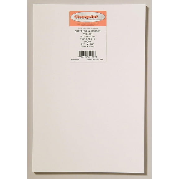 Clearprint 1000H 12" x 18" Design Vellum Sheets, 16 lb., 100% Cotton, 100 Sheets/Pack