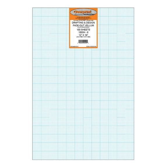 Clearprint 1000H 12" x 18" Design Vellum Sheets with 8x8 Fade-Out Grid, 16 lb., 100% Cotton, 100 Sheets/Pack
