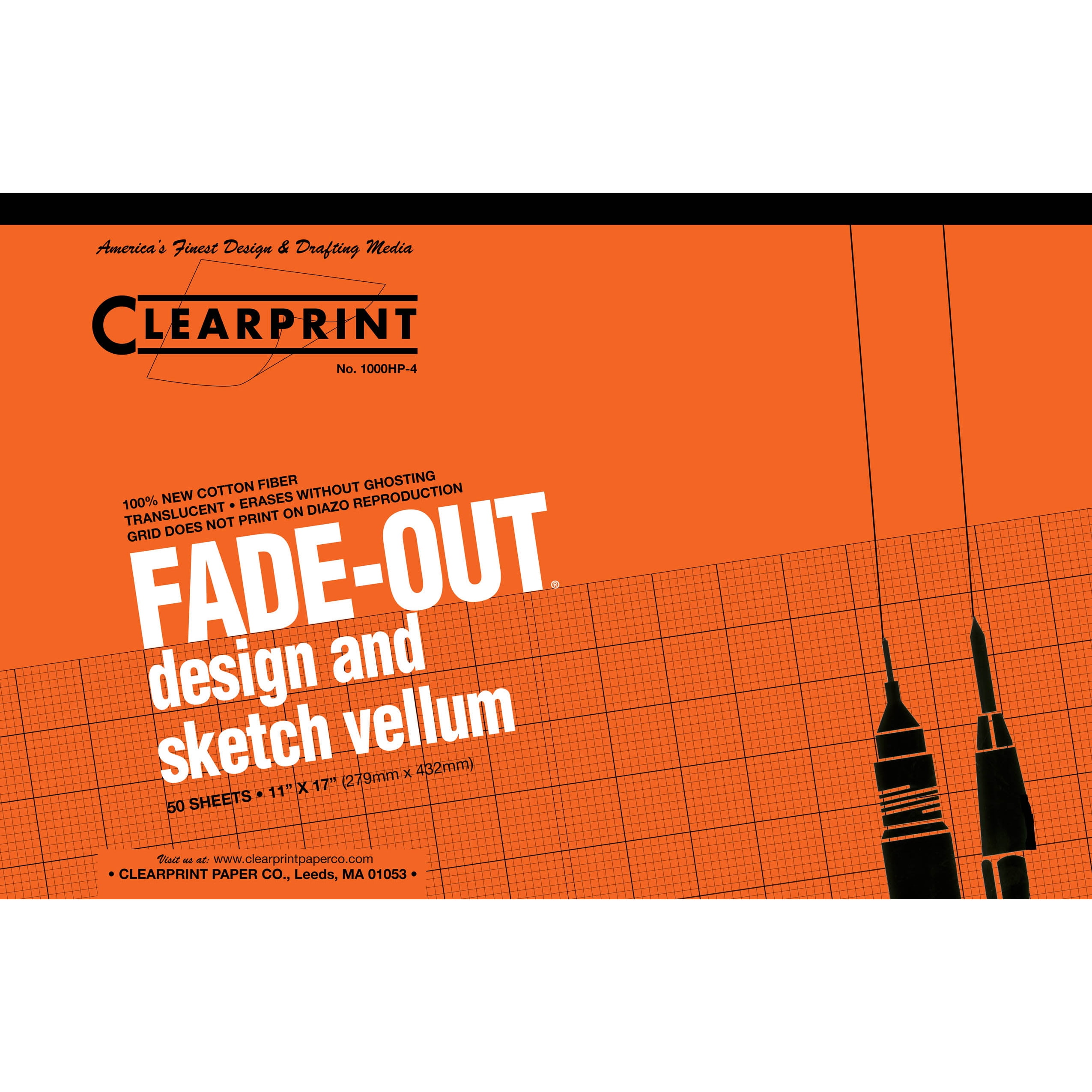 Clearprint 1000H 11" x 17" Design Vellum Pad with 4x4 Fade-Out Grid, 16 lb., 100% Cotton, 50 Sheets/Pad