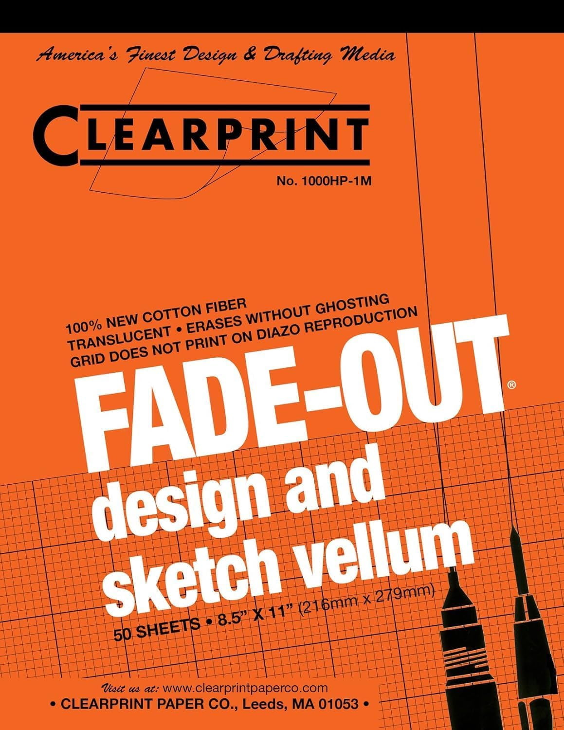 Clearprint Vellum Pad with 5x5 Fade-Out Grid, 8.5x11 Inches, 16 LB, 60 GSM, 1000H 100% Cotton, 50 Translucent White Sheets, 1 Each (10008410)