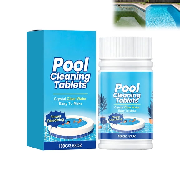 Clears Cloudy Hazy Pool Water Fast Acting Multifunction Cleaning Tablets with Slow Dissolve Formula for Crystal Clear In Ground Pools （100G,2PCS）