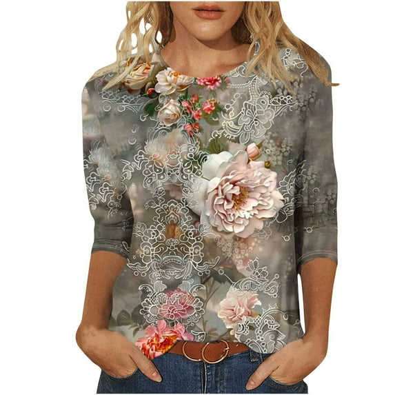 Clears Womens Floral Print Tunic Tops Flower Graphics Tee Vintage Shirts Workout Going Out Clothes Loose Fitted Tunics Scooped Neck Tee 3/4 Sleeve Top Lounge Dressy Shirts Boho Beach Vacation Outfits