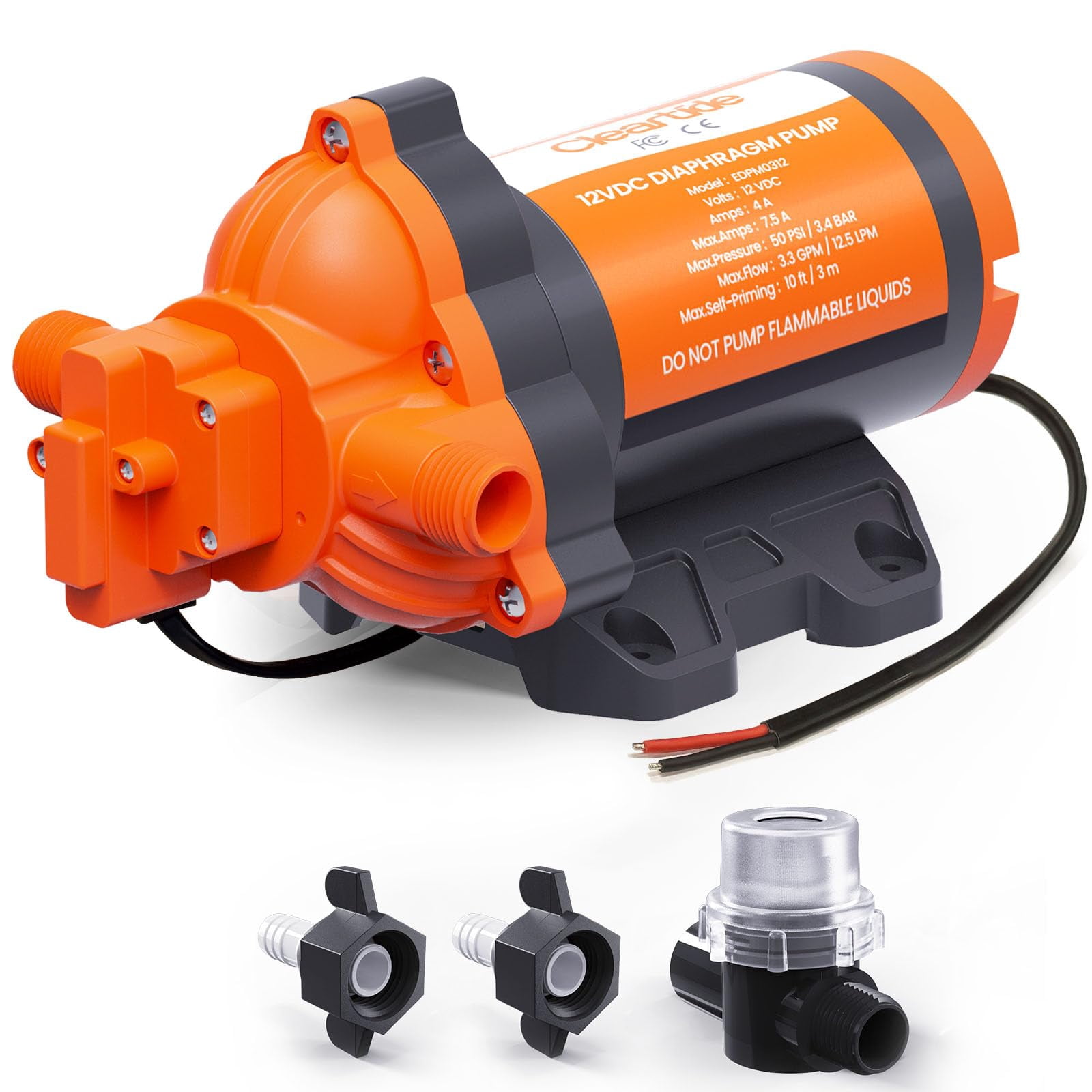 Cleartide DC Diaphragm Water Pump, 12V, 3.3 GPM, 50 PSI, Self-Priming 10FT, Self-Diagnosis & Dry-Run Protection, Built-In Pressure Switch, Water Pressure Booster Pump for RV/Camper/Marine/Outdoor
