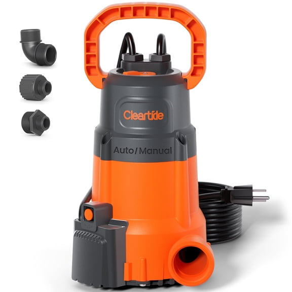 Cleartide Submersible Sump Pump with Smart Water Sensor, 1/3 HP 2790GPH High-Capacity Utility Pump, Auto and Manual Mode Handles 3/8" Solids, for Pool, Basement, Garden Drainage