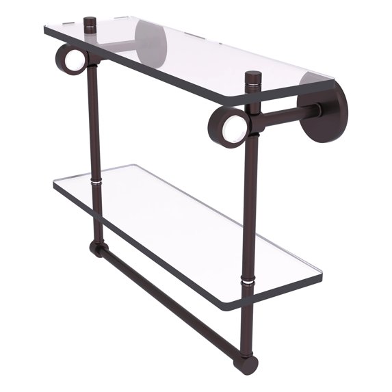 Clearview Collection Double Glass Vanity Shelf with Integrated Towel Bar with Smooth Accents - Antique Bronze / 16 Inch