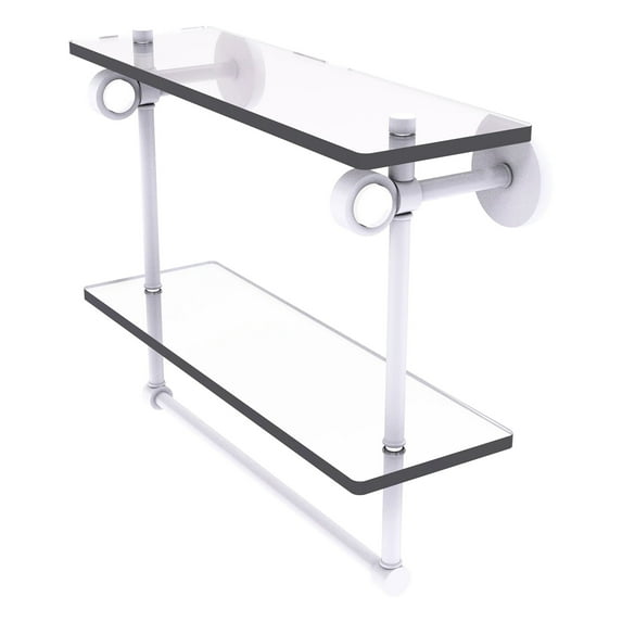 Clearview Collection Double Glass Vanity Shelf with Integrated Towel Bar with Smooth Accents - Matte White / 16 Inch