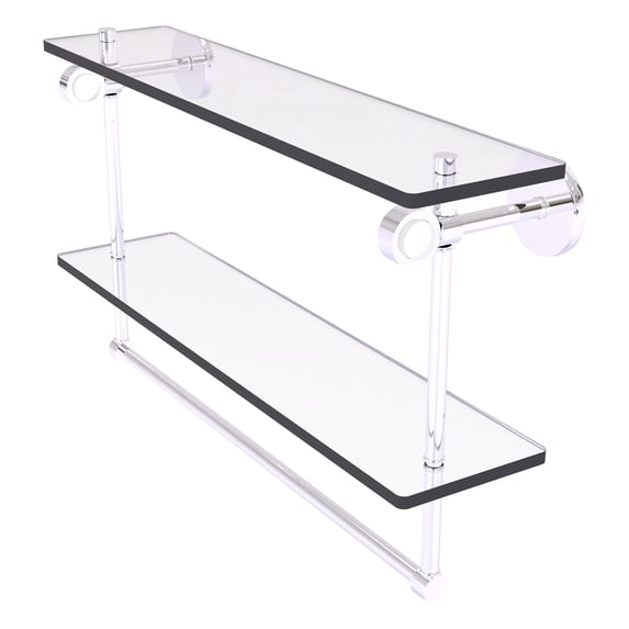 Clearview Collection Double Glass Vanity Shelf with Integrated Towel Bar with Smooth Accents - Polished Chrome / 22 Inch