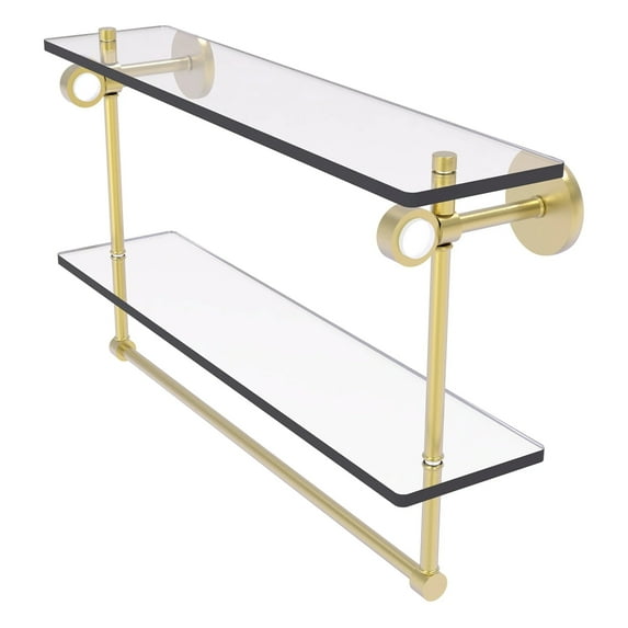 Clearview Collection Double Glass Vanity Shelf with Integrated Towel Bar with Smooth Accents - Satin Brass / 22 Inch