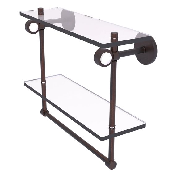 Clearview Collection Double Glass Vanity Shelf with Integrated Towel Bar with Smooth Accents - Venetian Bronze / 16 Inch