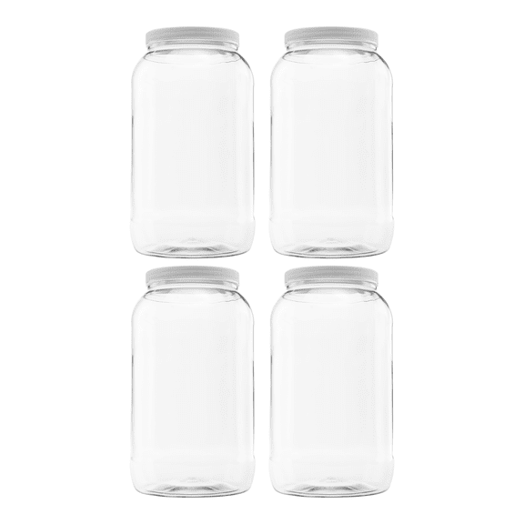 Clearview Containers: 128 oz (1 Gallon) Plastic Storage Jars with 110-400 Leak Proof White Lids, Food Grade, BPA Free, Hand Wash Only, 4-Pack