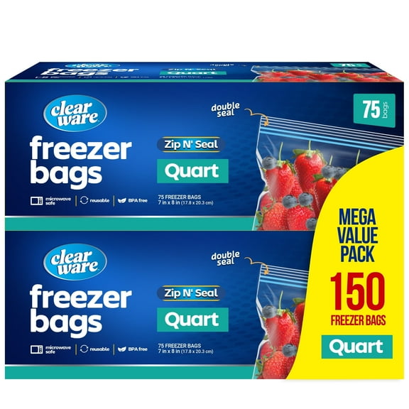 Clearware 1 Qt Freezer Bags, Double Zipper Seal - 150 Count, 2 Pack