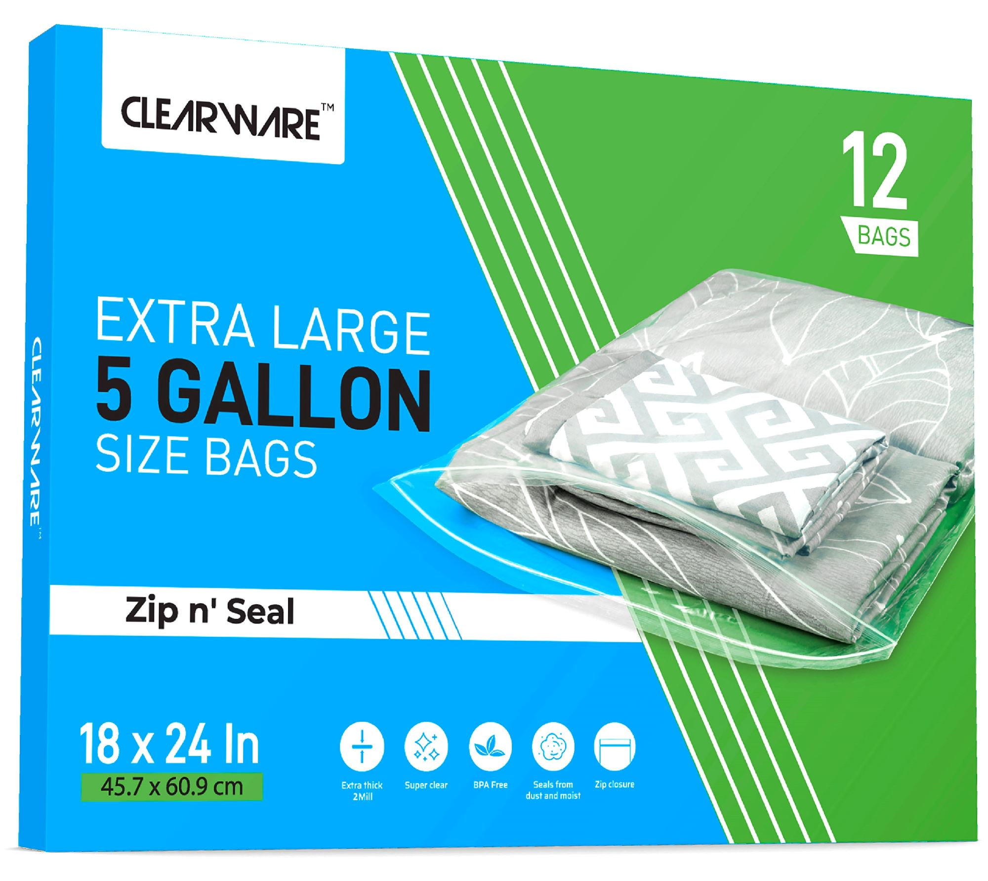  Clearware 50 Large Plastic Bags With Zipper Top - 5 Gallon Bags  18 x 24, Extra Large Storage Bags for Clothes, Travel, Moving, Large  Reusable freezer bags, BPA-Free, 2-mil Thick Clear