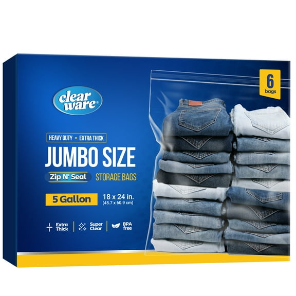 Clearware, 5 Gallon XL Storage Bags With Zipper seal, 18 x 24in - Reusable, BPA-Free, Clear - 12 pack