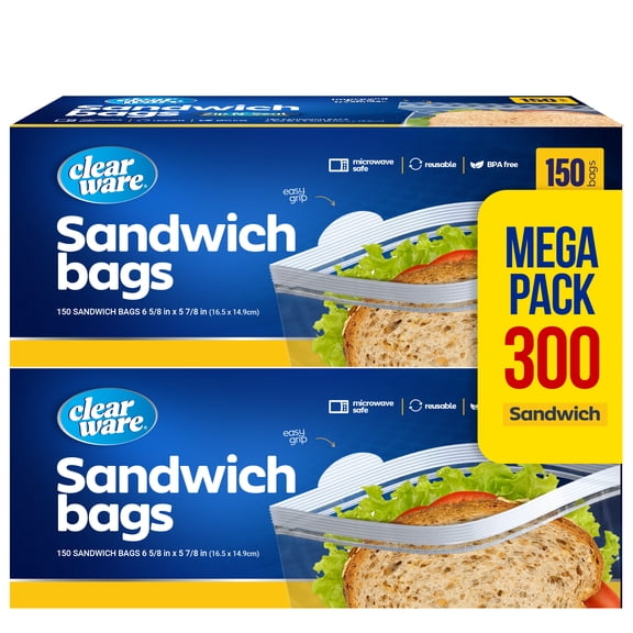 Clearware Zipper Top Sandwich Bags, 300 Count, 2 Pack