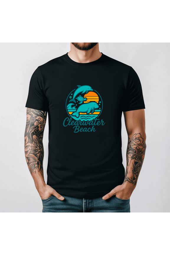 Clearwater Beach Dolphin Manatee Turtle Sunset Graphic Casual Top,for unisex up to 5XL