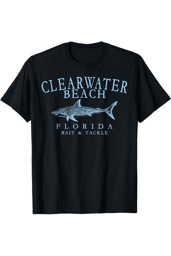 Clearwater Beach Florida Shark Arched Pale Blue Letters T-Shirt